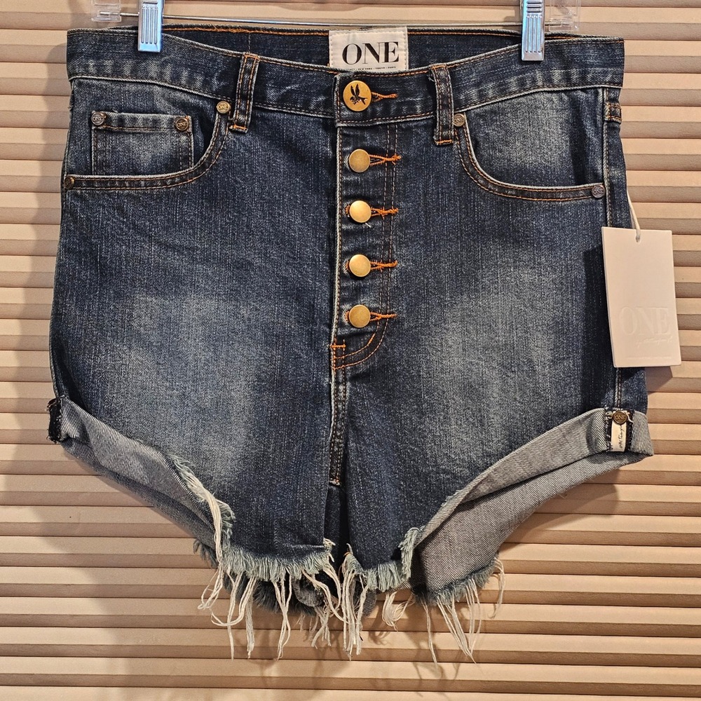 One by One Teaspoon Valentine Lover Denim Shorts Blue Button Fly 26 NWT SAMPLE